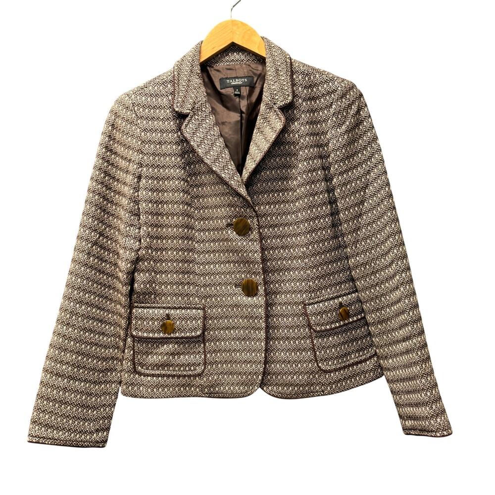 Talbots Blazer Womens 4 Brown Retro Style Classic Wool Cotton Blend Lined Jacket